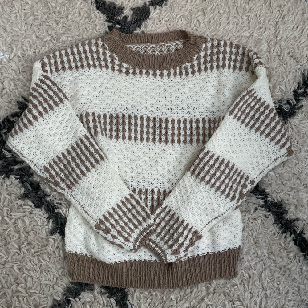 Knitted White and Brown Striped Sweater